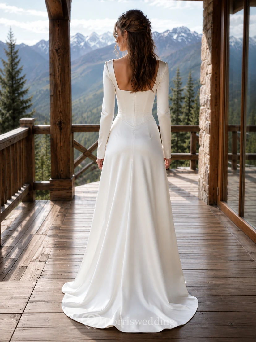 Robe de mariée de style chalet de montagne en satin à manches longues et taille basque view 2