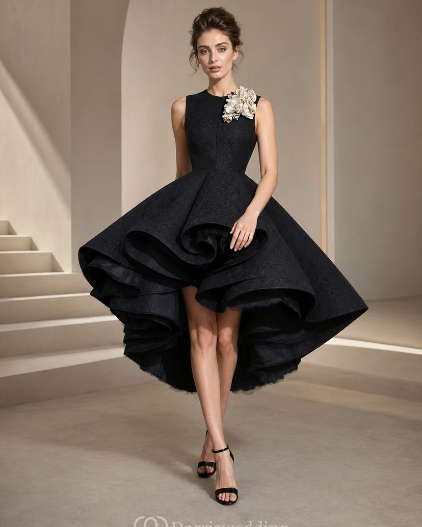 Vestido de cóctel/boda/fiesta negro formal gótico asimétrico con volantes y múltiples capas y escote joya