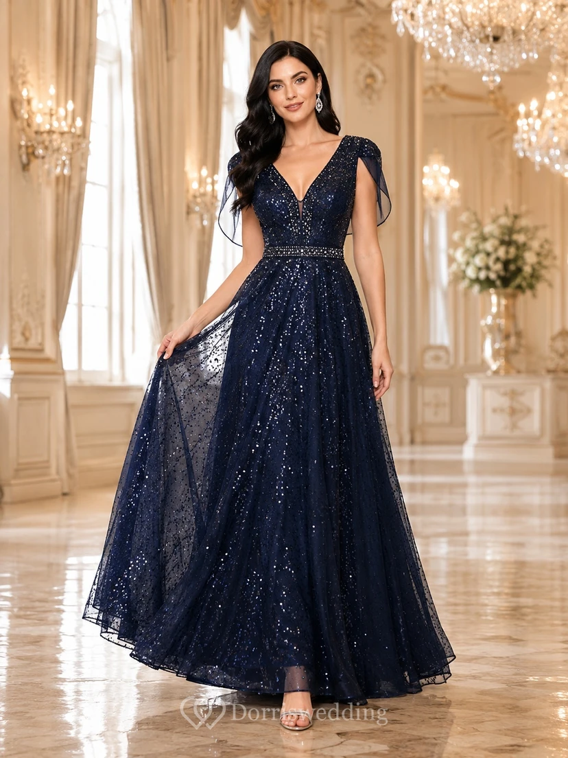 Dark Navy V-Neck Cap-Sleeve Sequin Tulle A-Line Floor-length Elegant Formal Evening Gown