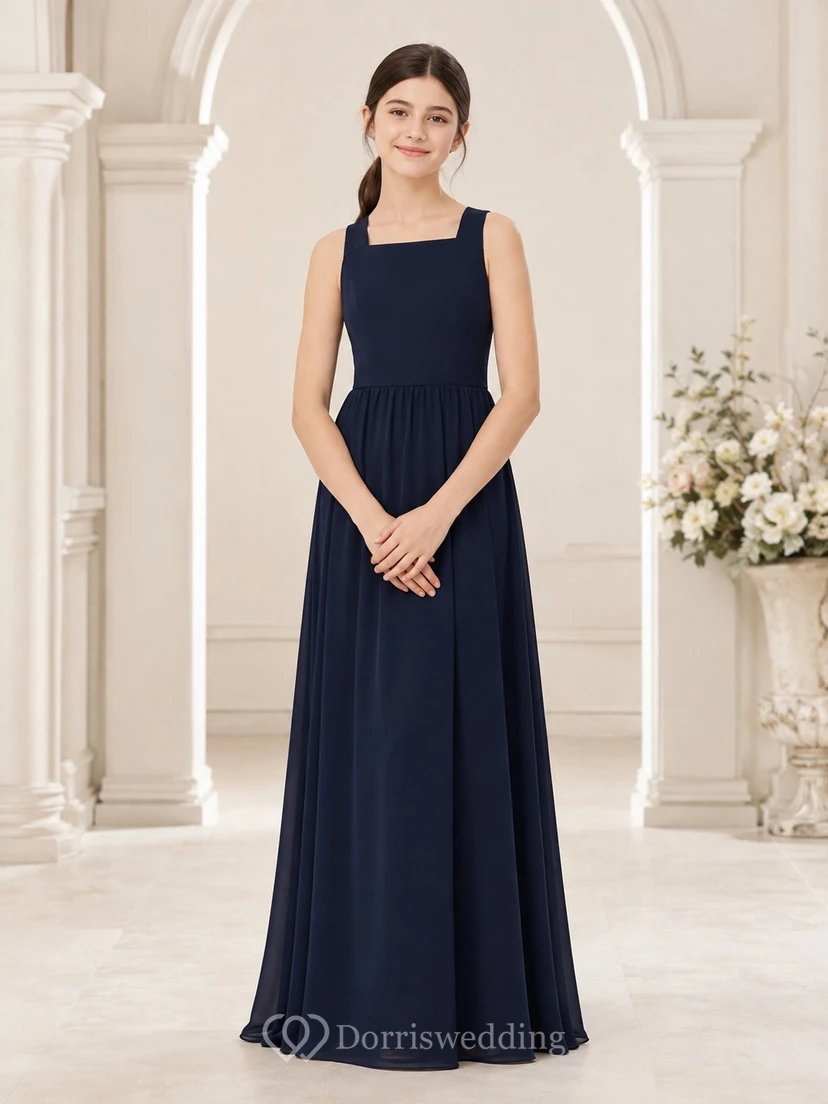 Dunkelblaues Brautjungfernkleid für junge Mädchen, A-Linie, ärmellos, gekreuzter Rücken, romantisch