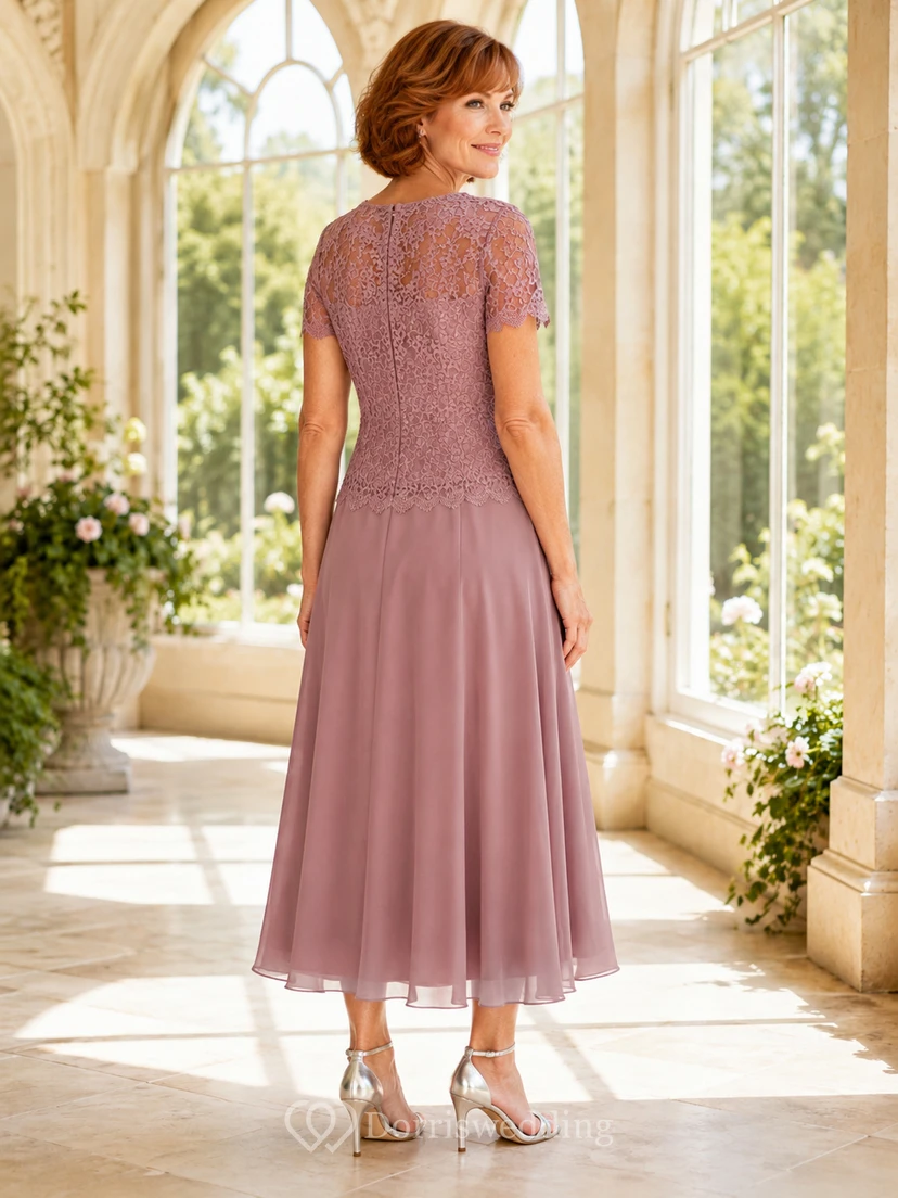 Romantisches zweiteiliges Kleid in Altrosa mit kurzen Ärmeln, floraler Spitze und A-Linien-Schnitt – perfekt für die Mutter der Braut view 2