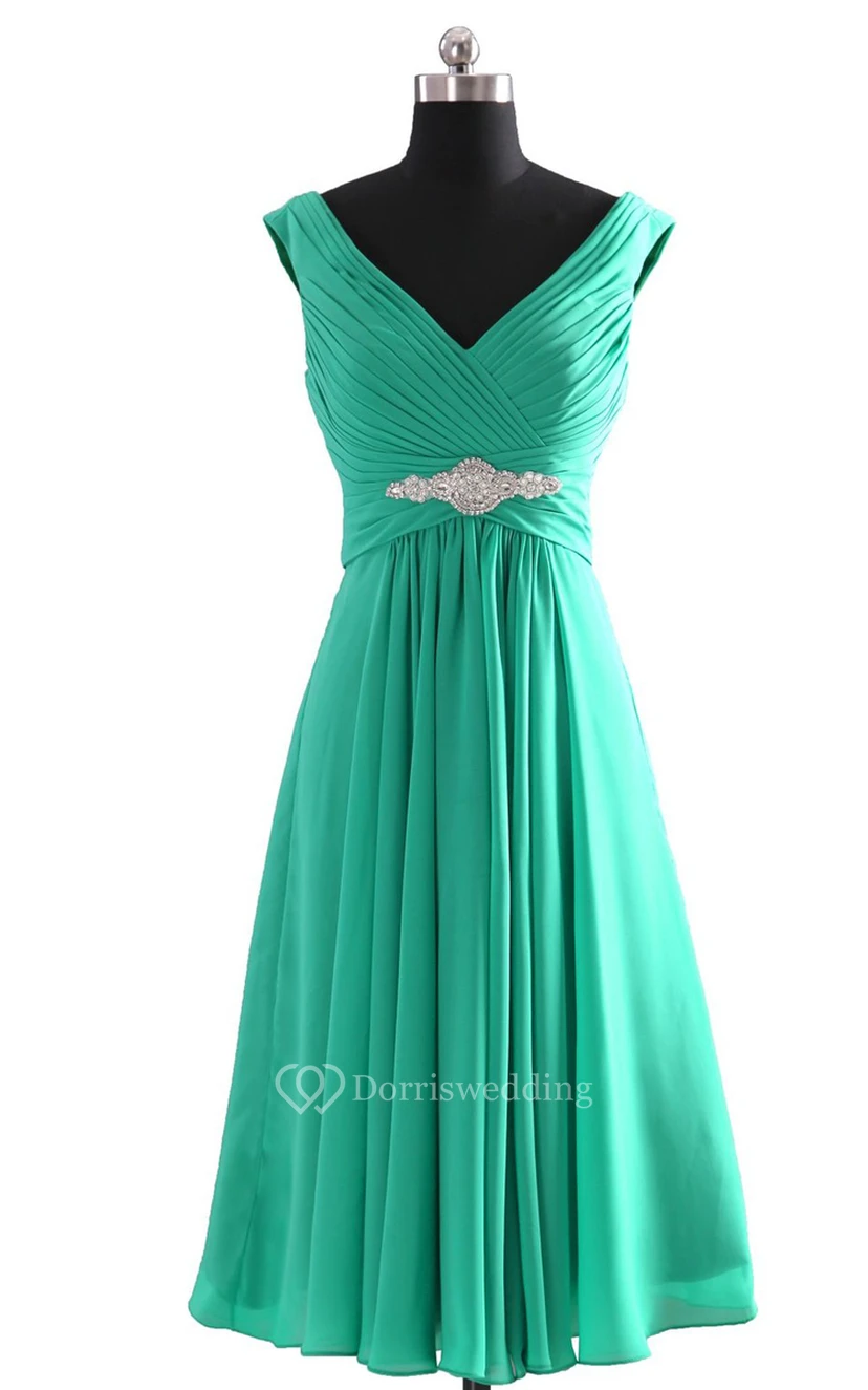 V-neckline Pleated Basque Waist Dress With Crystal view 8