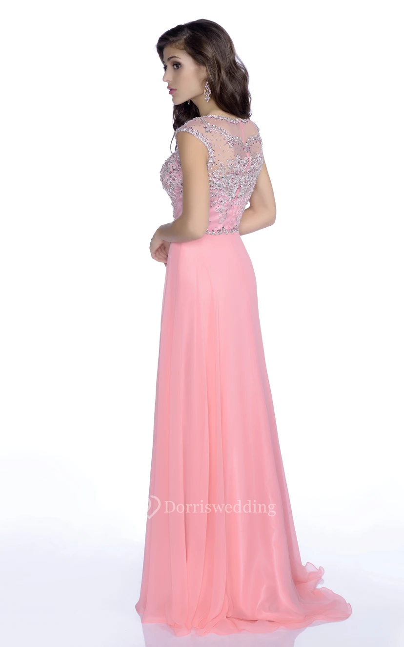 A-Line Cap Sleeve Chiffon Gown With Rhinestone Bodice view 2