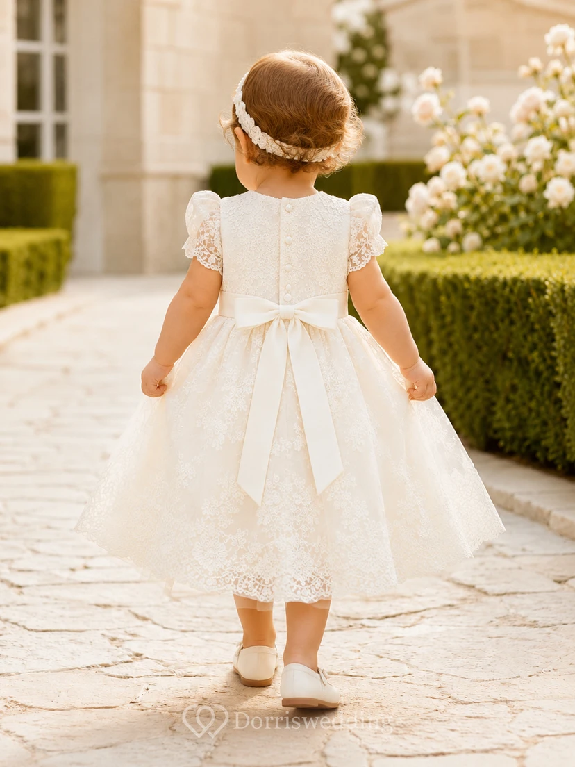 Baby Baptism Christening Ceremony Dress A-Line Tea-Length Jewel Neck Cap Sleeve Tulle Lace Sash Bow Back view 2