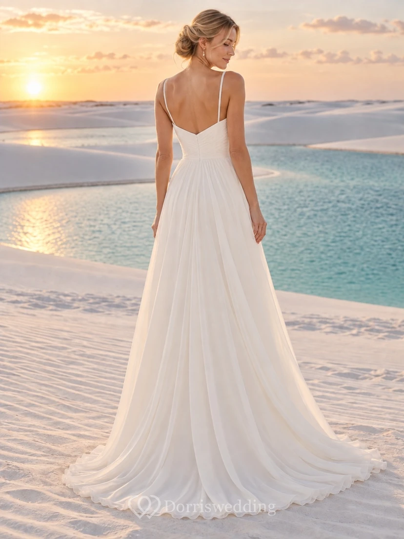 Sweetheart Chiffon Wedding Dress with Fine Straps Draped Bodice and Slim A-Line Train view 2