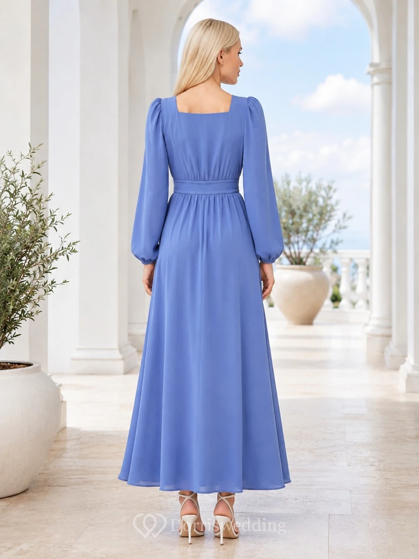 Modest Ocean Blue Square Neck Long Sleeve Chiffon Empire Floor-Length A-Line Dress view 2