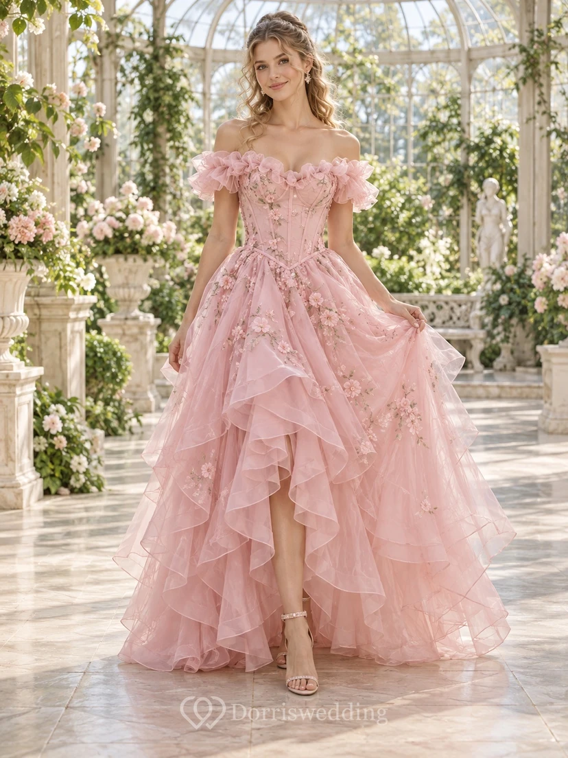 1980s Blushing Pink Off Shoulder Floral Tiered Tulle Prom Dress