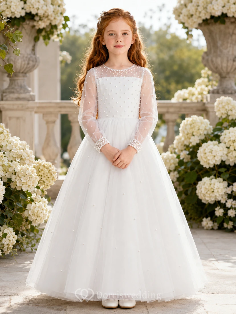 Blumenmädchenkleid, elfenbeinfarben, Spitze, Tüll, A-Linie, lange Ärmel, Rundhalsausschnitt, bodenlang