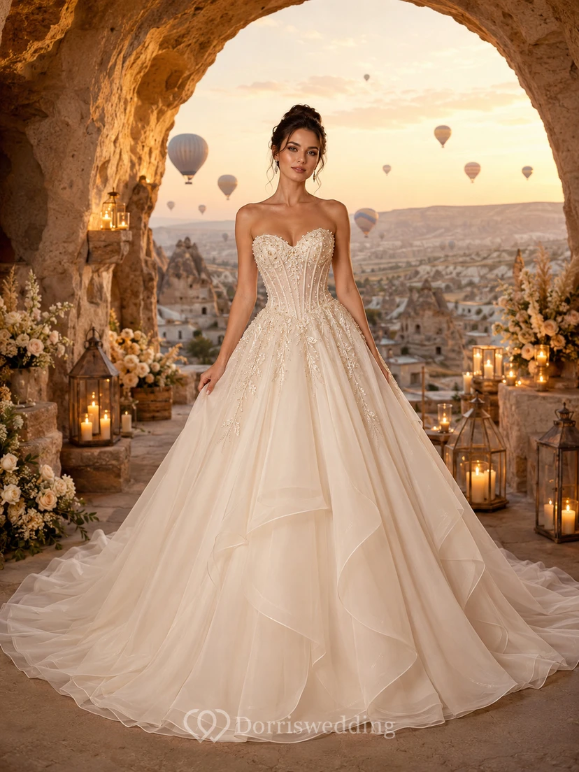 Prinzessinnen-Trägerloses Ballkleid aus Tüll mit Herzausschnitt – Perfekt für die Hochzeit im Ausland