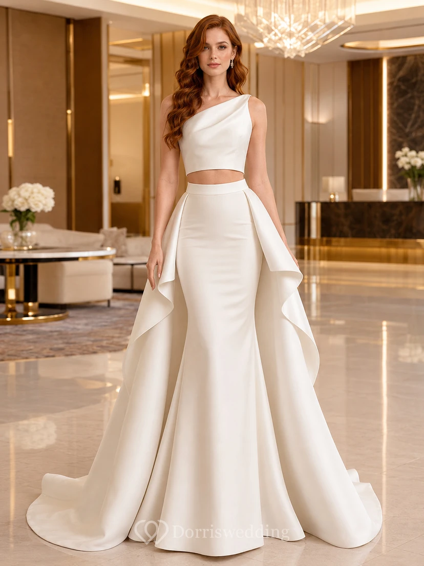 One Shoulder Satin Mermaid Dress Draped Overskirt Hotel Bridal Set