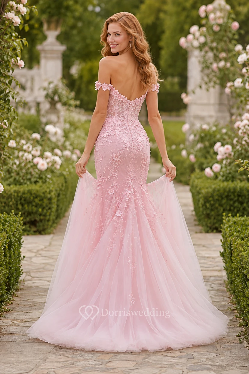 Rosa Meerjungfrauen-Abendkleid mit 3D-Blumenapplikationen und Tüll-Fischschwanzrock view 2