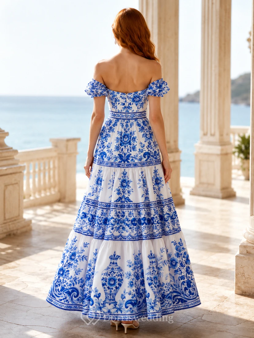Blue Porcelain Print Off Shoulder Tiered Maxi Dress view 2