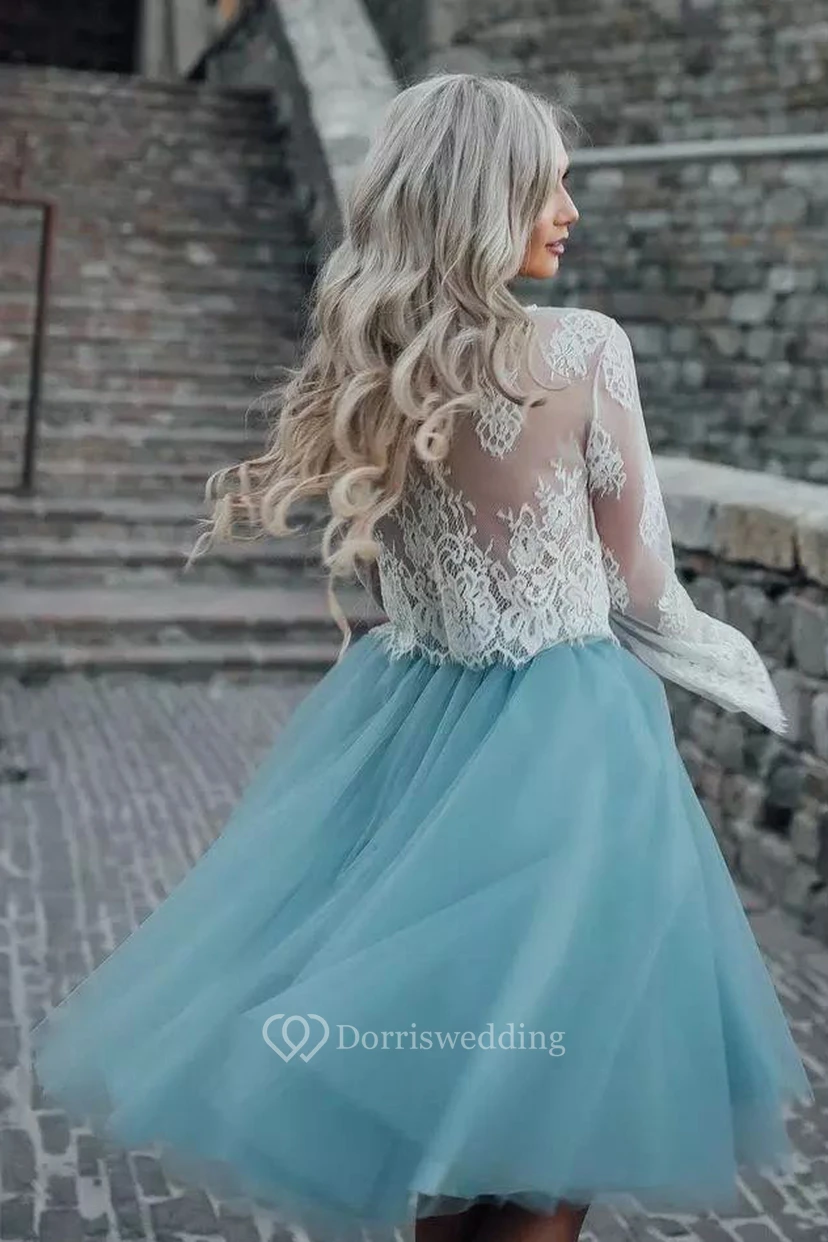 Zweiteiliges, a-Linienförmiges, langärmeliges Homecoming-Kleid aus Spitze und Tüll in Teelänge view 2