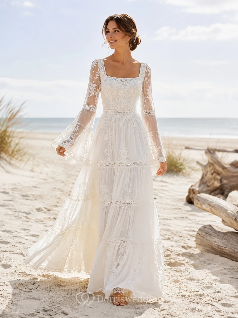 Boho-Hochzeitskleid im ibizenkischen Stil: A-Linie, eckiger Ausschnitt, lange Glockenärmel, Stufenrock
