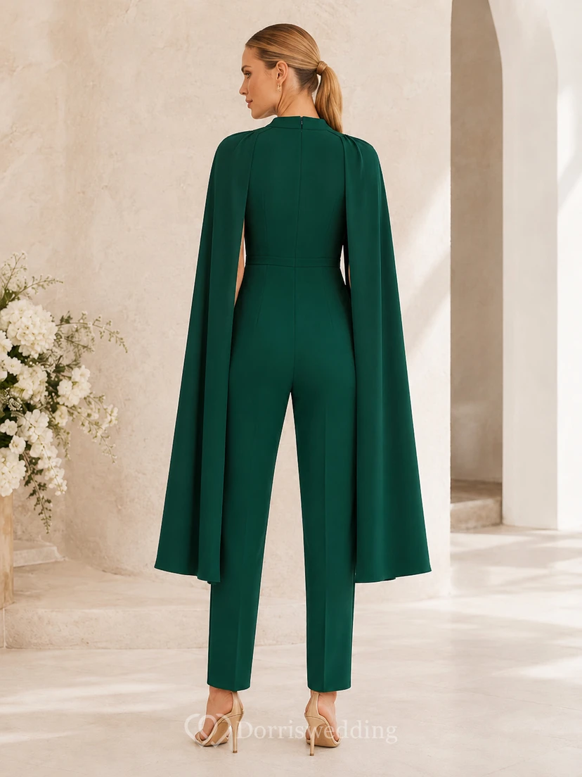 Dark Green High Neck Cape Formal Guest Pantsuit view 2