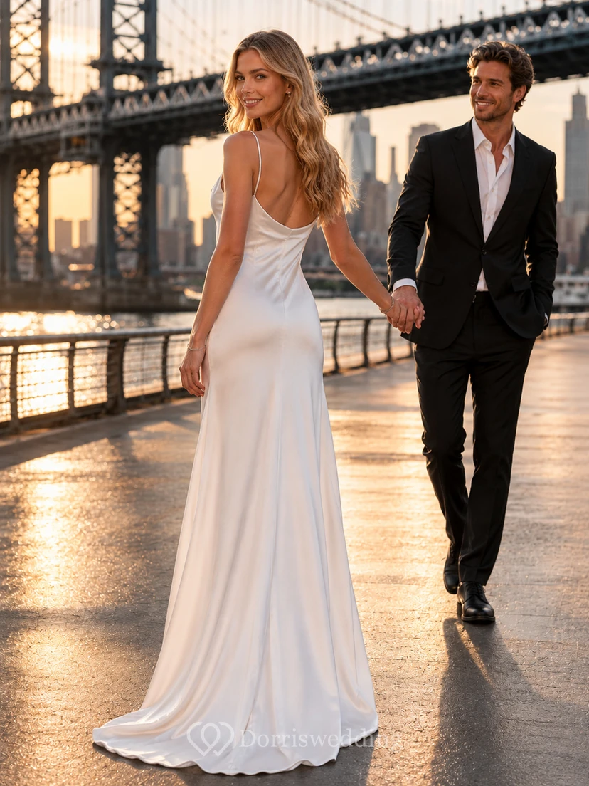Robe fourreau blanche en satin à col bénitier, style pont de la ville view 2