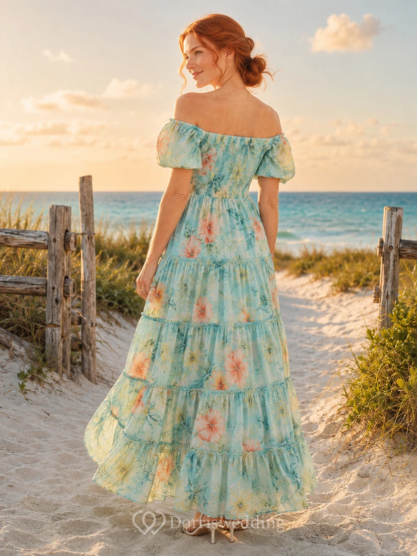 Aqua Caribbean Floral Off Shoulder Tiered Chiffon Maxi Guest Dress view 2