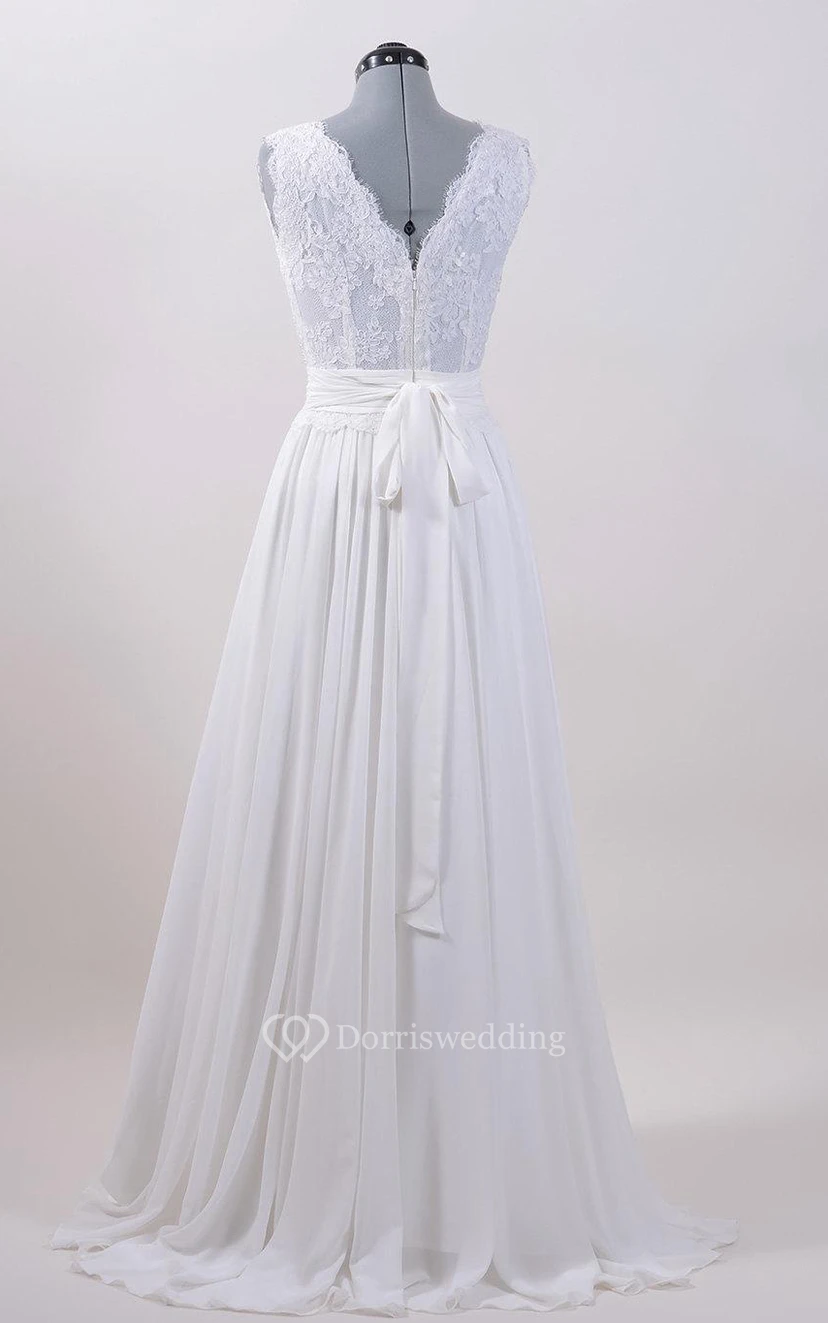 A-Line Sleeveless V-Neck Chiffon Dress With Lace Bodice and Cinched Waistband view 3