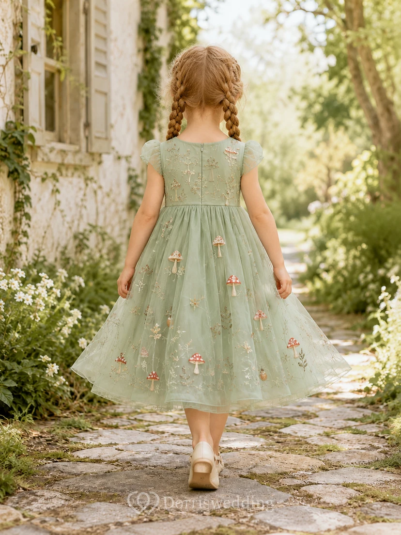 Sage Cap Sleeve A-Line Flower Girl Dress with Botanical Mushroom Applique Tea-Length Tulle Skirt view 2