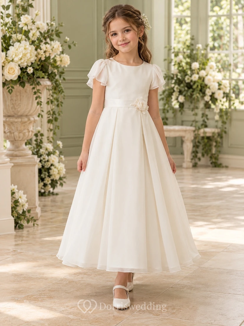 Ivory Flutter Sleeve Floral Sash Ankle-length Chiffon Flower Girl Dress