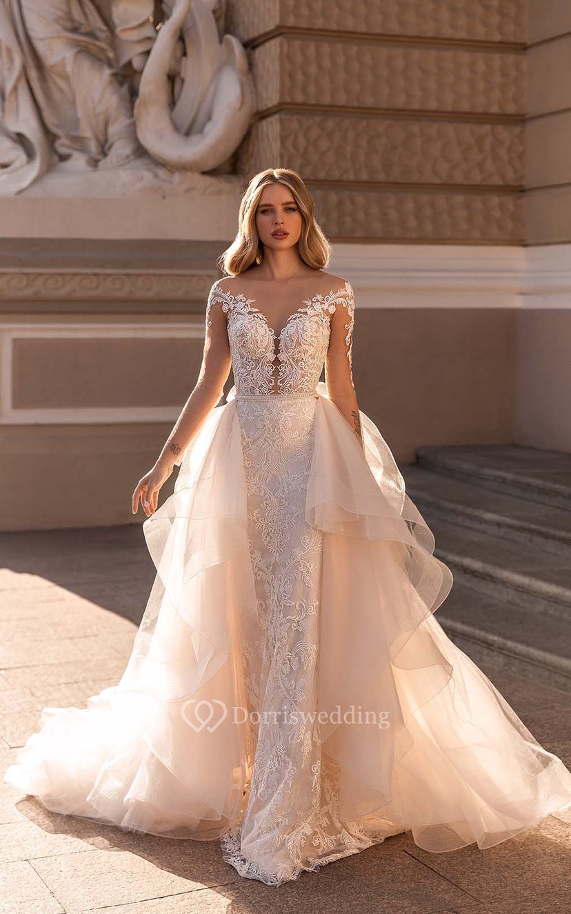 lace applique illusion chiffon skirt wedding dress Sophisticated Mermaid Illusion Lace Applique Sheath Wedding Dress Styles  with Detachable Skirt