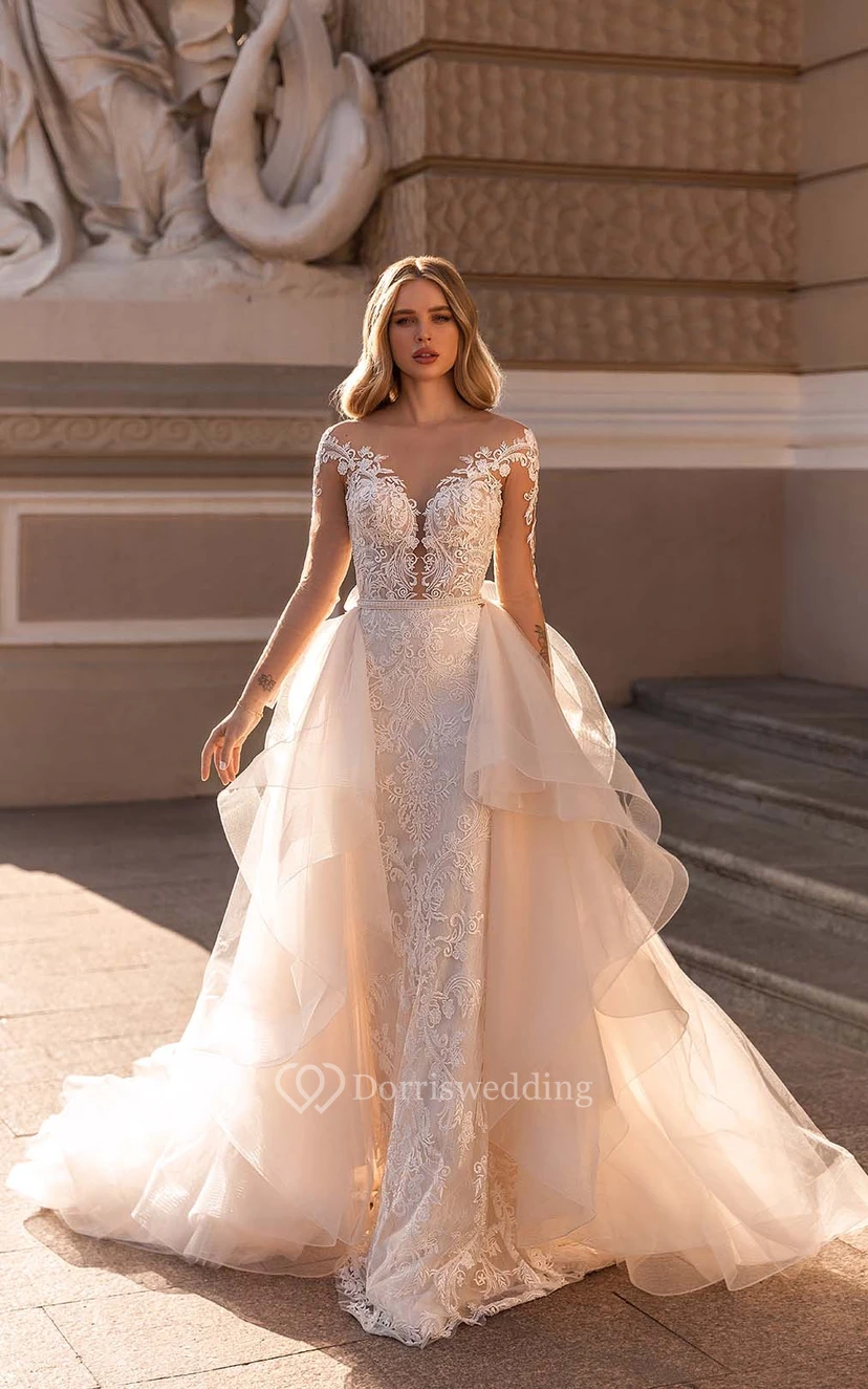 Sophisticated Mermaid Illusion Lace Applique Sheath Wedding Dress Styles with Detachable Skirt video preview