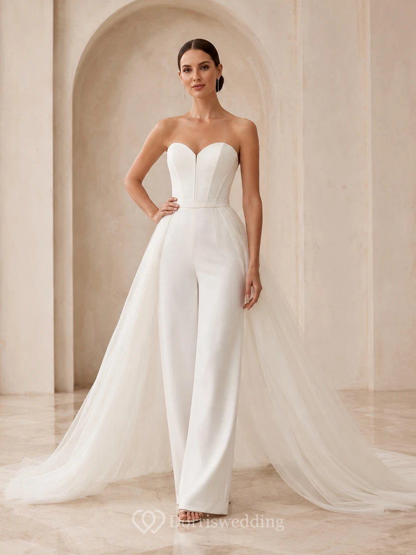 Minimalist Satin Tulle Wedding Jumpsuit Strapless Sweetheart Sweep Train