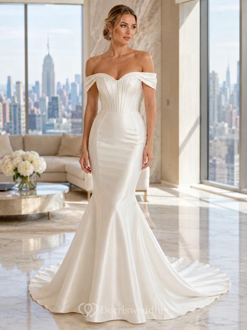 Robe de mariée minimaliste en satin, style sirène, épaules dénudées et traîne courte.