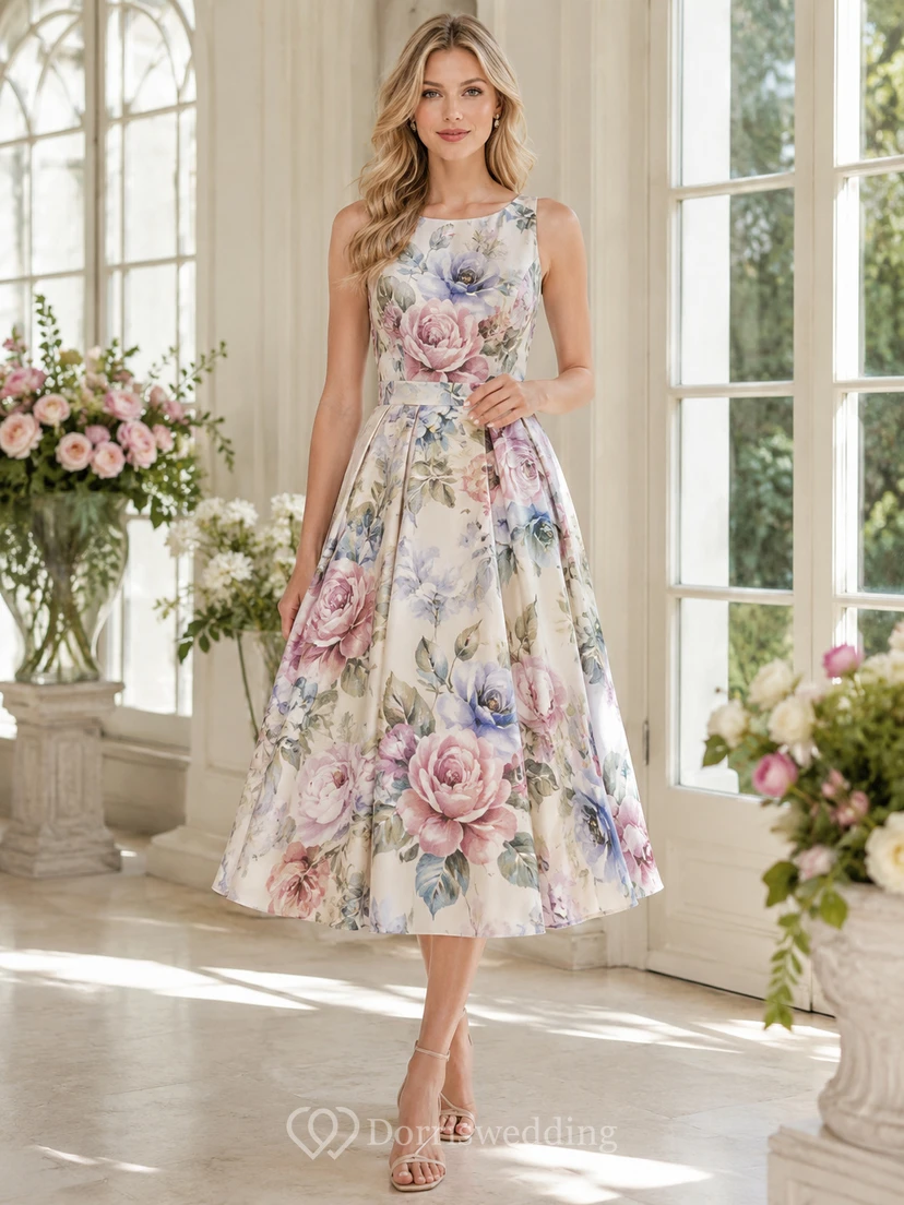 Vestido de invitada sin mangas, corte A, largo midi, con estampado floral de pintura al óleo