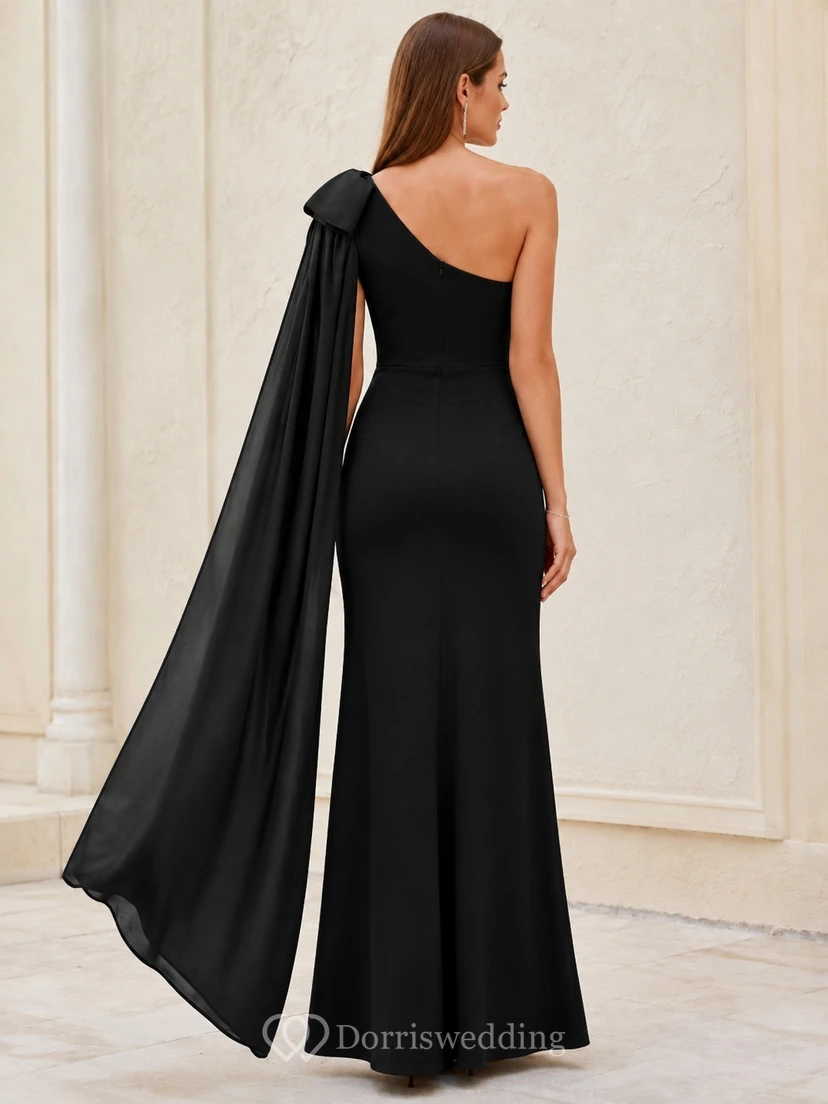 Black Satin One-shoulder Bow Cape Floor-length Elegant Evening Dress view 2