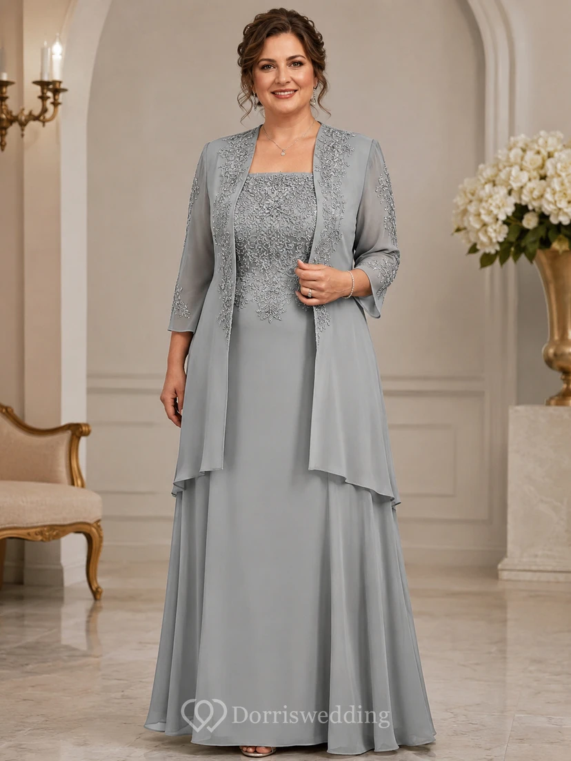 Steel Grey Mother Dress with Jacket Steel Grey Square A-Line Floor-length