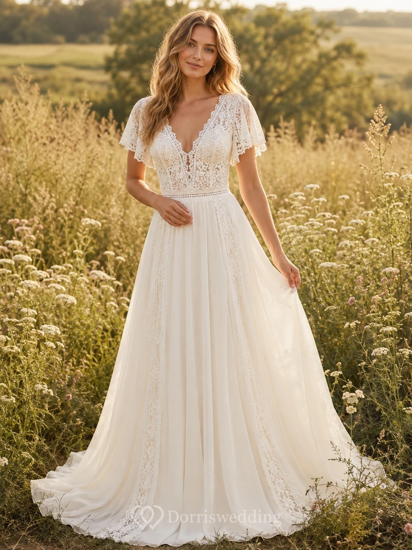 Robe de mariée bohème longue jusqu'au sol, col en V, manches papillon, en dentelle, style champêtre