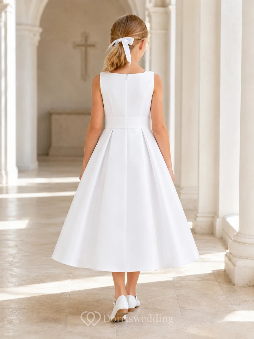 Ärmelloses, plissiertes Satin-Kommunionkleid für Blumenmädchen in Teelänge view 2
