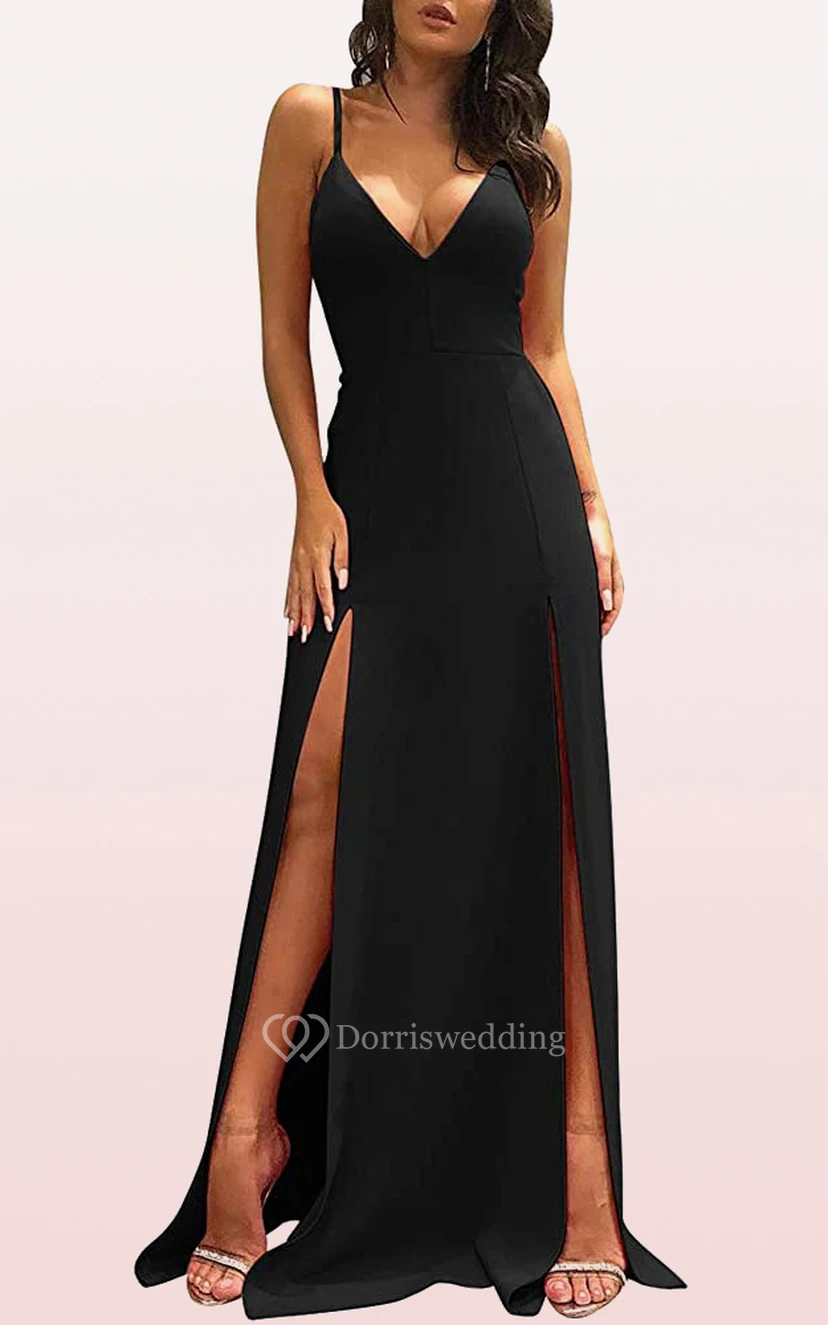 Casual Satin V-neck A Line Sleeveless Prom Dress With Split Front