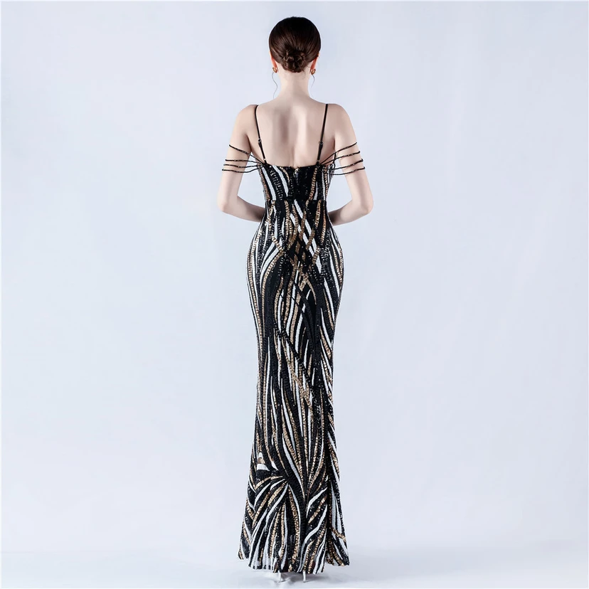 Sequined Striped Color Matching Slim Dinner Host Suspender Long Dress For Women view 6