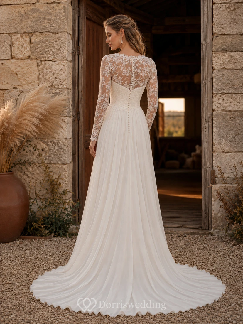 Robe de mariée bohème bateau longue en mousseline de soie à manches illusion en dentelle et traîne balayée, coupe trapèze, manches en dentelle et mousseline. view 2