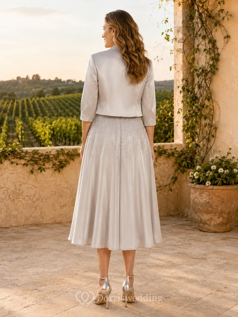 Elegantes zweites Hochzeitskleid für ältere Bräute: Satin-Bolero mit eckigem Ausschnitt, A-Linie, Teelänge view 2