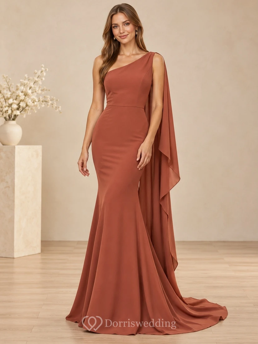 Terracotta One Shoulder Draped Cape Mermaid Train Evening Gown