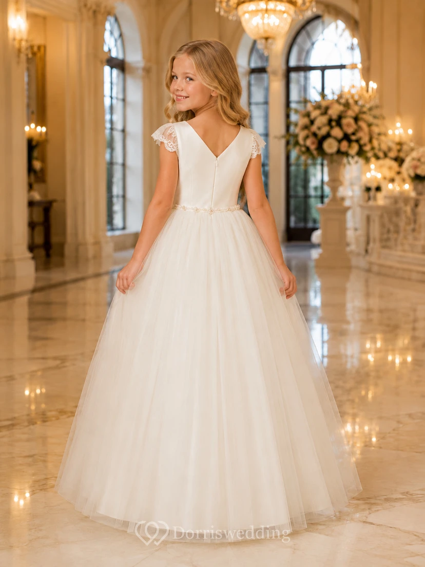 A-Line Evening Wedding Flower Girl Dress with Cap Sleeves, Smooth Bodice, Full Tulle Skirt, Natural Waist, Formal Ceremony Style view 2
