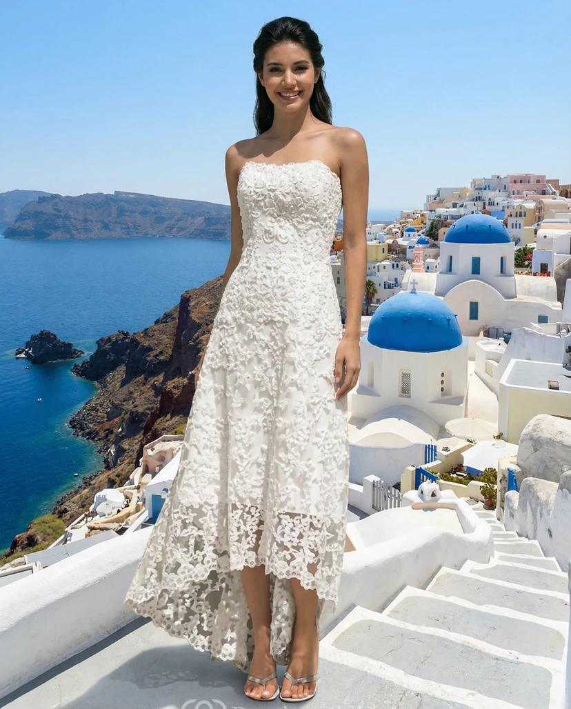 Strapless Asymmetrical Lace Sheath Wedding Dress view 3