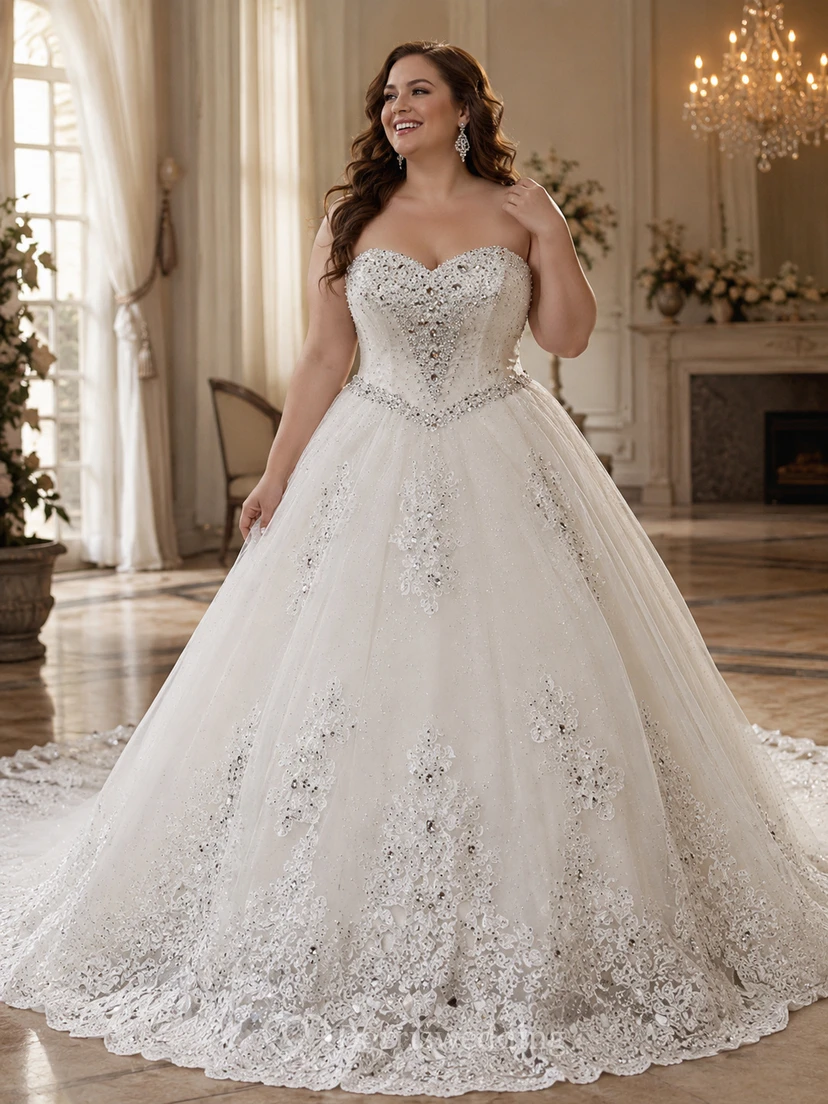 Luxurious Sweetheart Ball Gown Wedding Dress Crystal Beadings Long Train