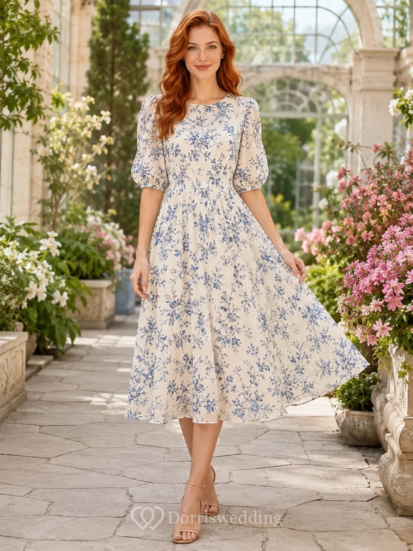 Weiß-blaues Chiffonkleid mit Blumenmuster, eckigem Ausschnitt, Dreiviertelärmeln und Teelänge in A-Linie