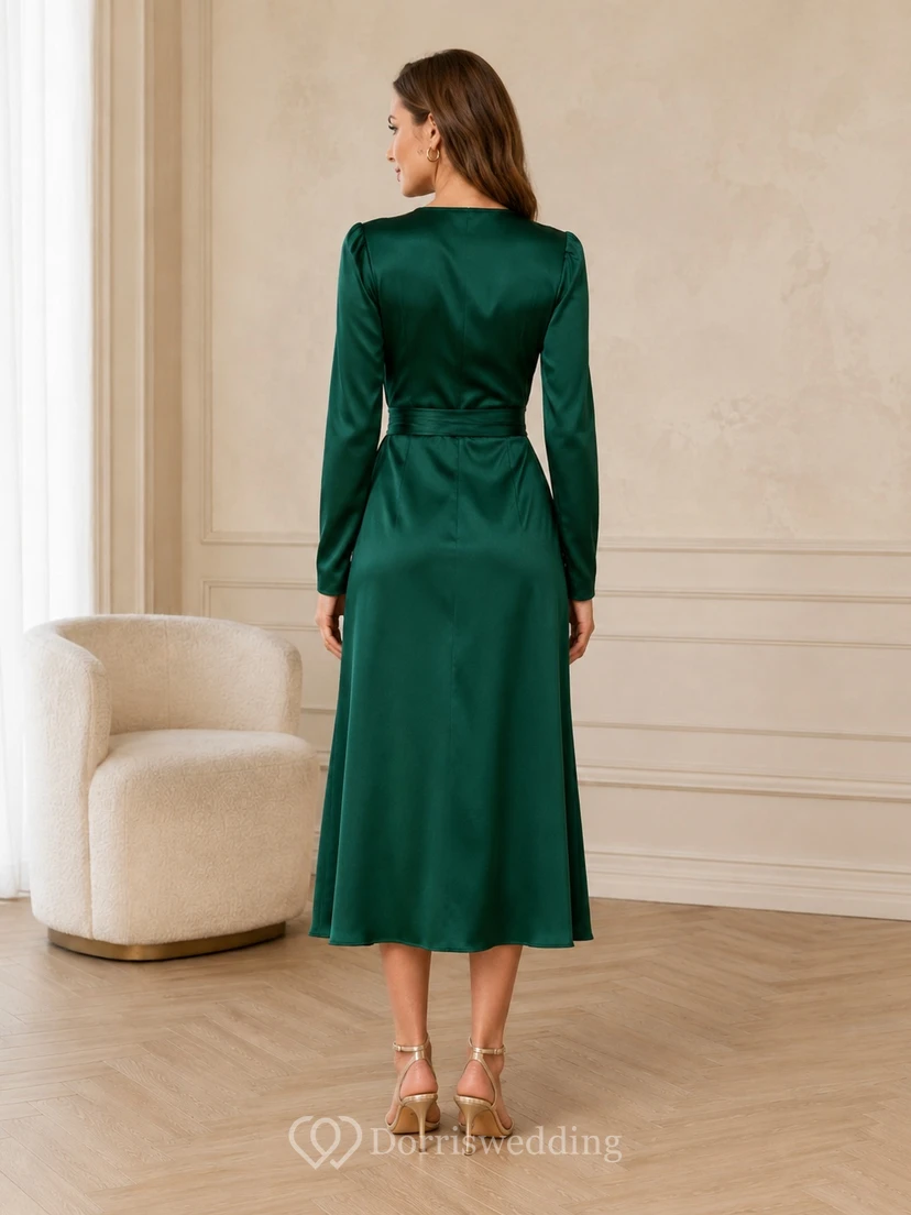 Dark Green V-neck Ruched Wrap Jersey Sheath Tea-length Elegant Dress view 2