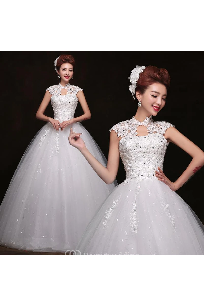 Gorgeous High Neck Cap Sleeve Wedding Dresses Ball Gown With Lace Appliques view 4
