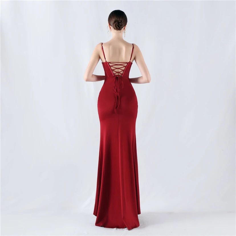 Fishbone Waist Strap Satin Host Meeting Evening Dress view 42