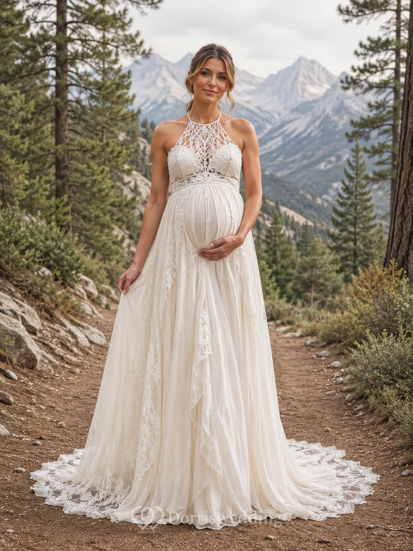 Umstands-Neckholder-Hochzeitskleid mit Spitzenoberteil und Bergwiesen-Flair