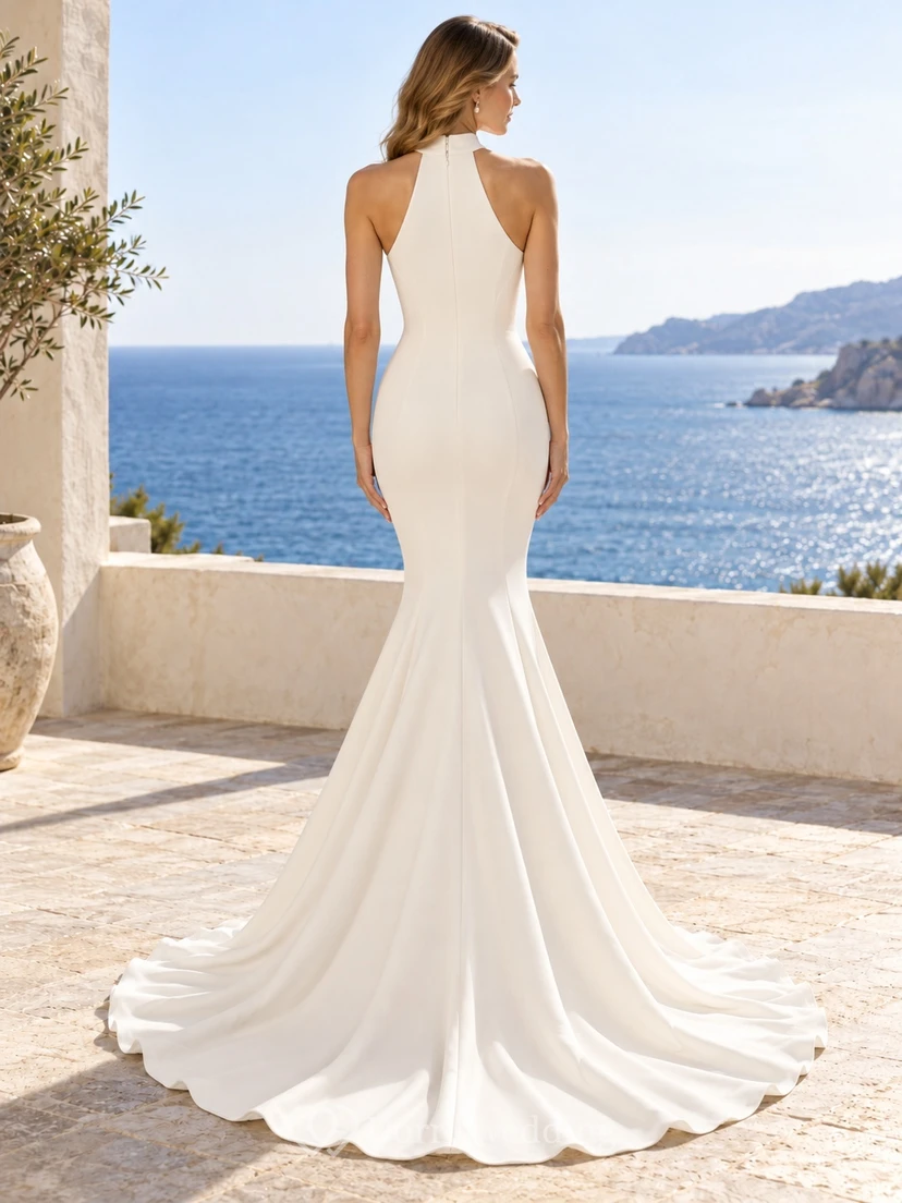 Einfaches Brautkleid aus Satin mit hohem Kragen, Neckholder und Meerjungfrauenschnitt, Schleppe view 2