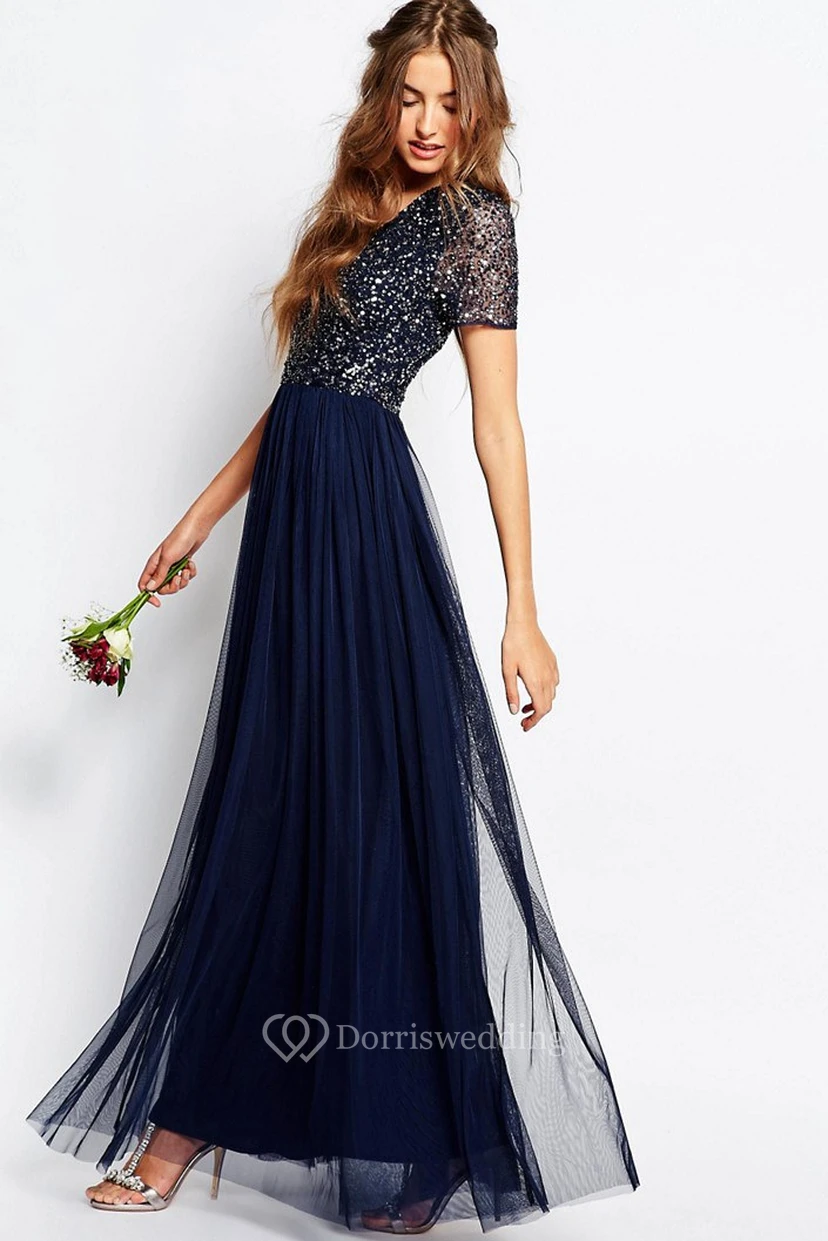 A-Linien-Brautjungfernkleid aus blauem Chiffon mit V-Ausschnitt, Perlenbesatz, kurzen Ärmeln und Falten, bodenlang view 3
