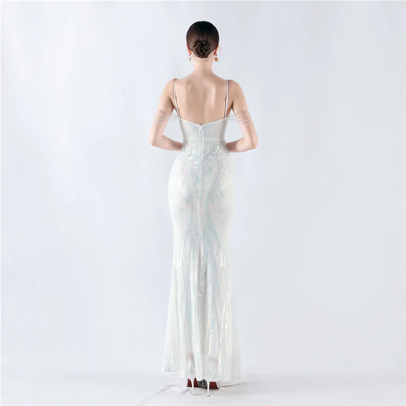 Waist-Reduced Fishbone Shaping Positioning Flower Sequined Anchor Sexy Beaded Suspender Evening Dress view 46