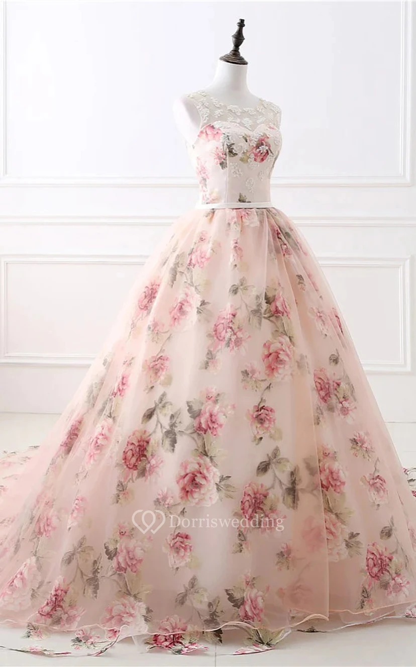 Vestido de fiesta de gala sin mangas con escote redondo y corte imperio, estampado floral view 5